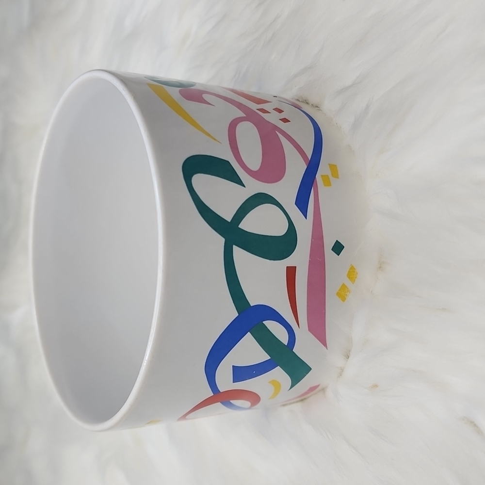 Vintage 1980s FTDA Ceramic Confetti and Ribbon Planter, Trinket Bowl, Soup Cup